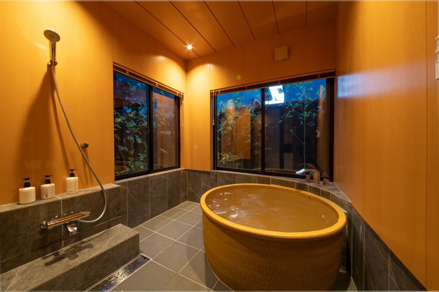 夕暮れの海と松並木